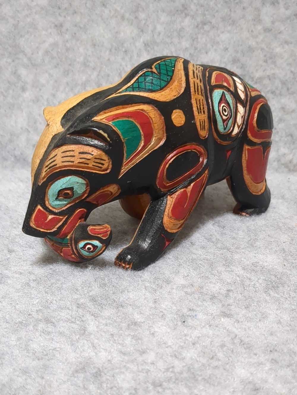Pacific Northwest Salish Bear with Fish Painted Carving Wood